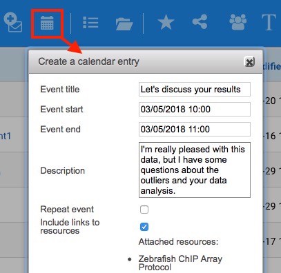 calendar button in RSpace